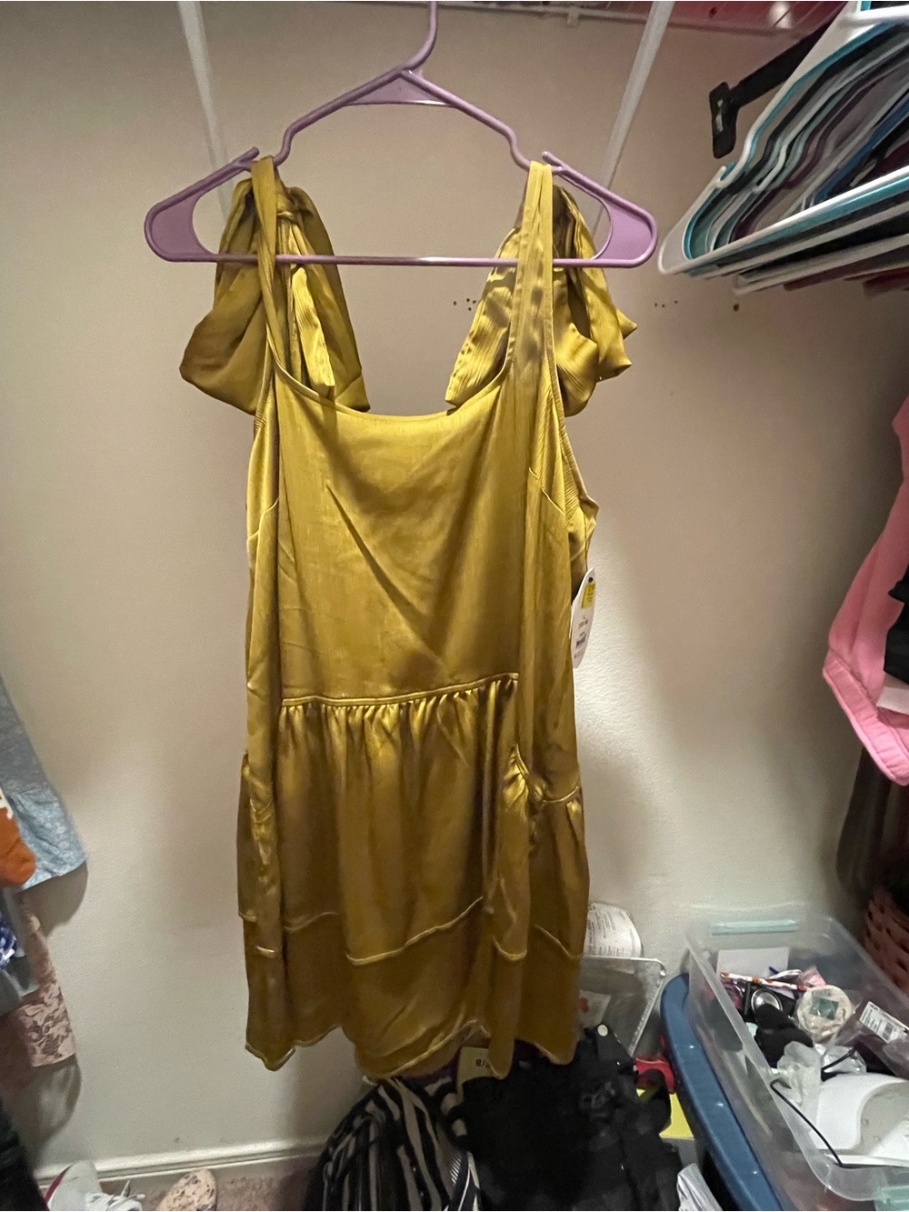 Asymmetrical Satin Tiered Slip Dress in Mustard